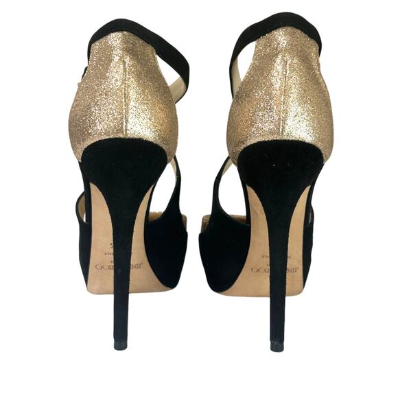 Jimmy Choo Black Suede & Gold Glitter Platform Pumps IT 39.5 US 9.5 - Picture 6 of 10